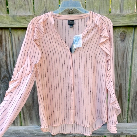 NWT Worthington sheer-ish blouse, 🖤on blush, L - Picture 2 of 10